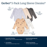 5-Pack Baby Neutral Tan Stars Long Sleeve Bodysuits-Gerber Childrenswear Wholesale