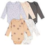 5-Pack Baby Neutral Tan Stars Long Sleeve Bodysuits-Gerber Childrenswear Wholesale