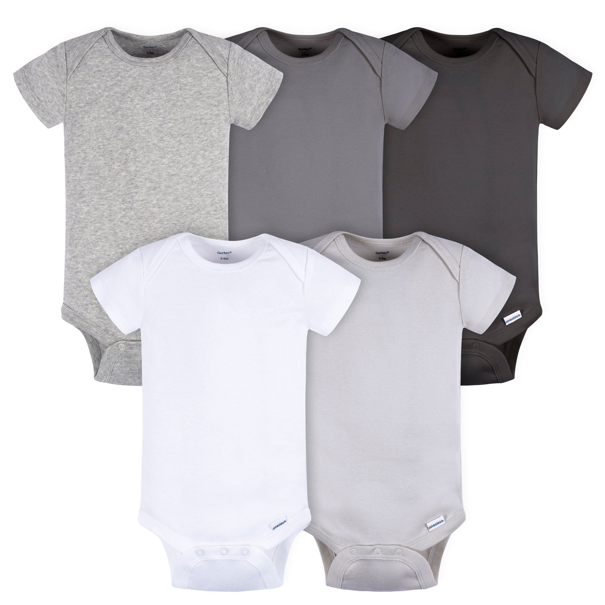 5-Pack Baby Neutral Grey/ Lt Grey Heather Short Sleeve Onesies® Bodysuits-Gerber Childrenswear Wholesale