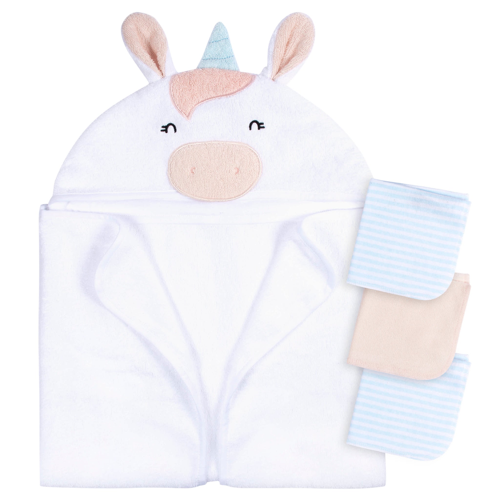 4-Piece Baby Girls White Unicorn Towel & Washcloths-Gerber Childrenswear Wholesale