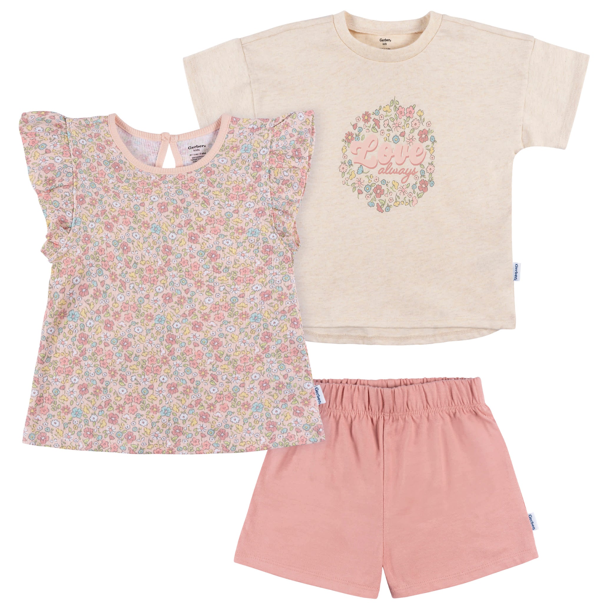 3-Piece Infant & Toddler Girls Pink Floral Shirt and Shorts Set-Gerber Childrenswear Wholesale