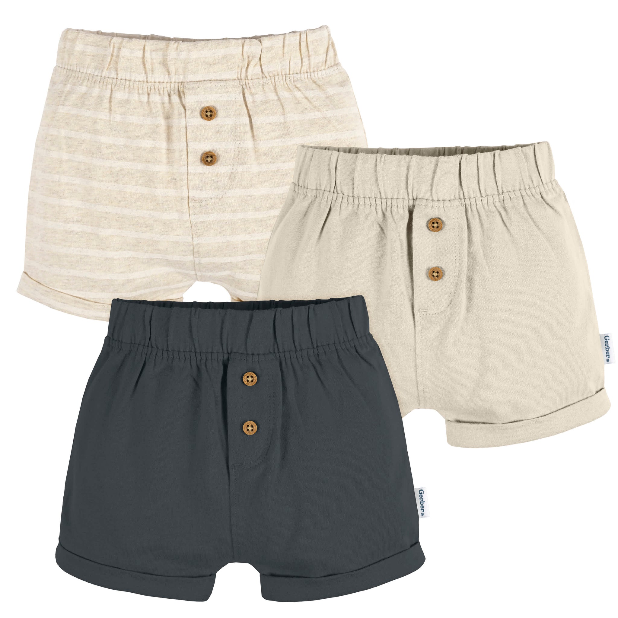 3-Pack Baby Neutral Grey/Tan/Stripe Knit Short-Gerber Childrenswear Wholesale