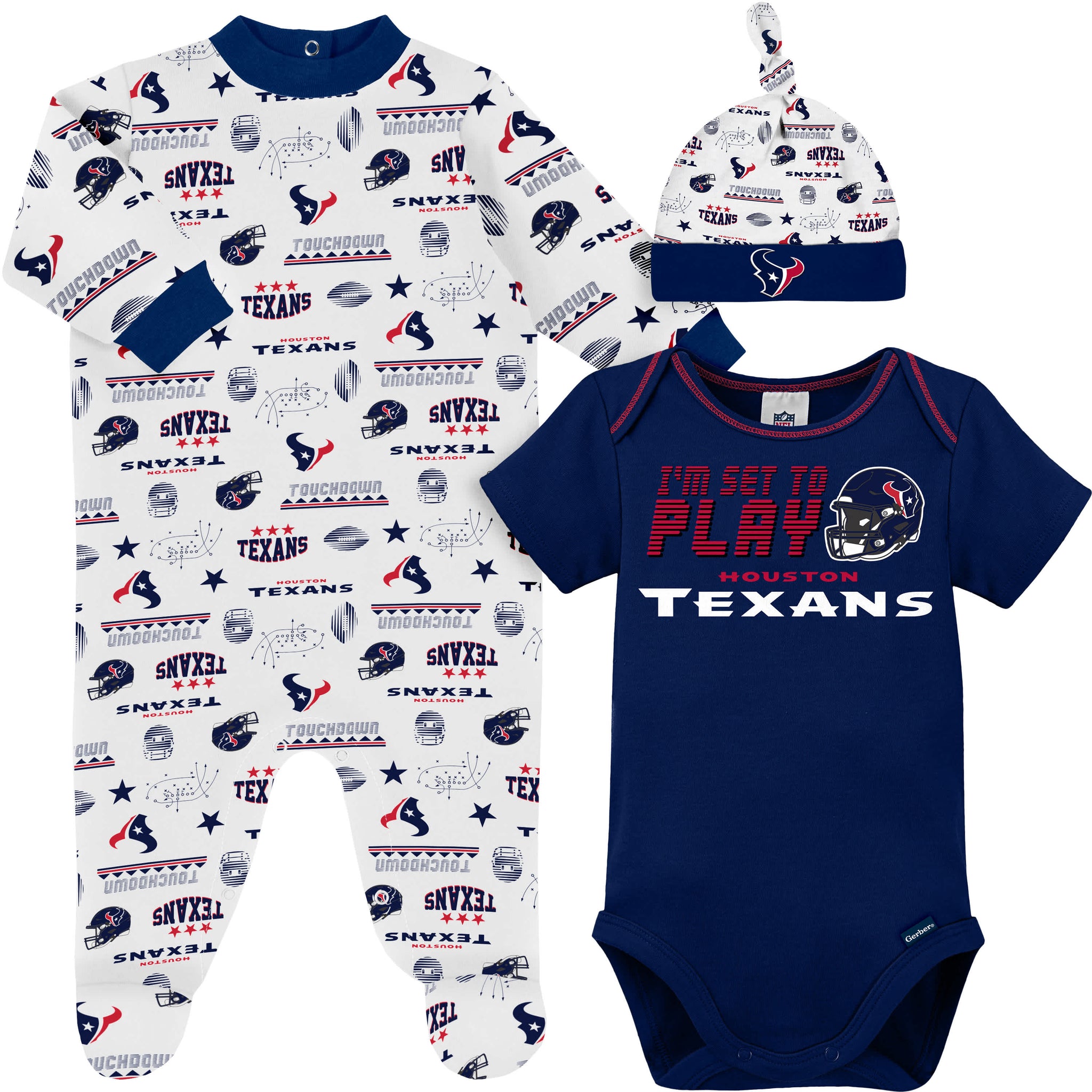 3-Piece Baby Boys Houston Texans Bodysuit, Sleep 'N Play & Cap Set-Gerber Childrenswear Wholesale