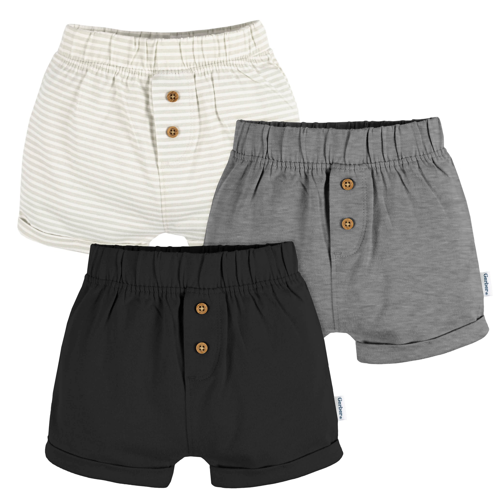 3-Pack Baby Neutral Black/Dk Grey Heather/Stripe Knit Short-Gerber Childrenswear Wholesale
