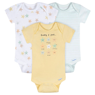 3-Pack Baby Neutral Starry Smiles Short Sleeve Onesies® Bodysuits-Gerber Childrenswear Wholesale