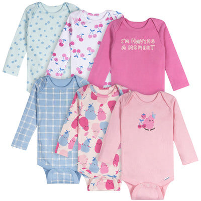 6-Pack Baby Girls Pears Long Sleeve Onesies® Bodysuits-Gerber Childrenswear Wholesale