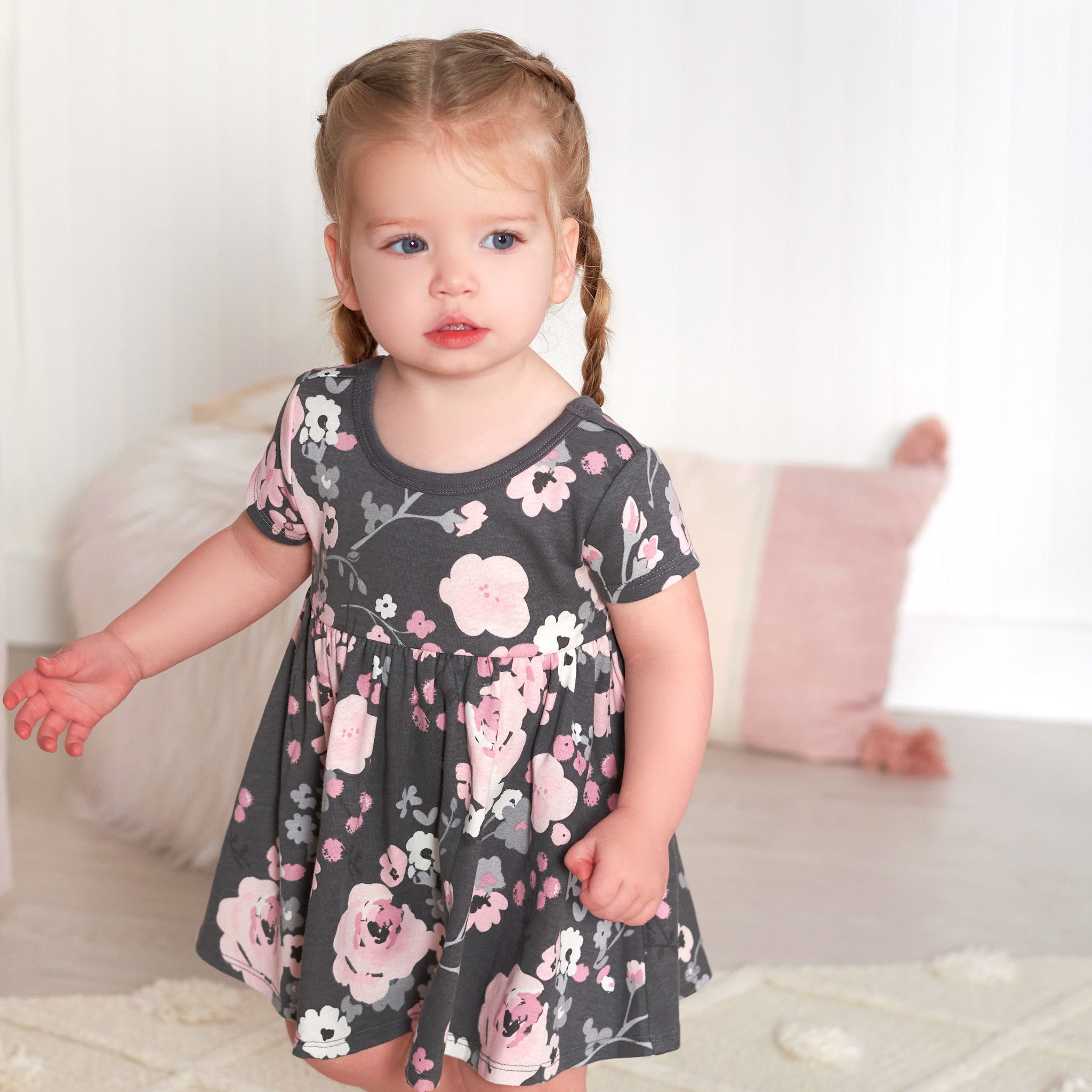 2-Pack Baby Girls Gray Floral Short Sleeve Dresses-Gerber Childrenswear Wholesale