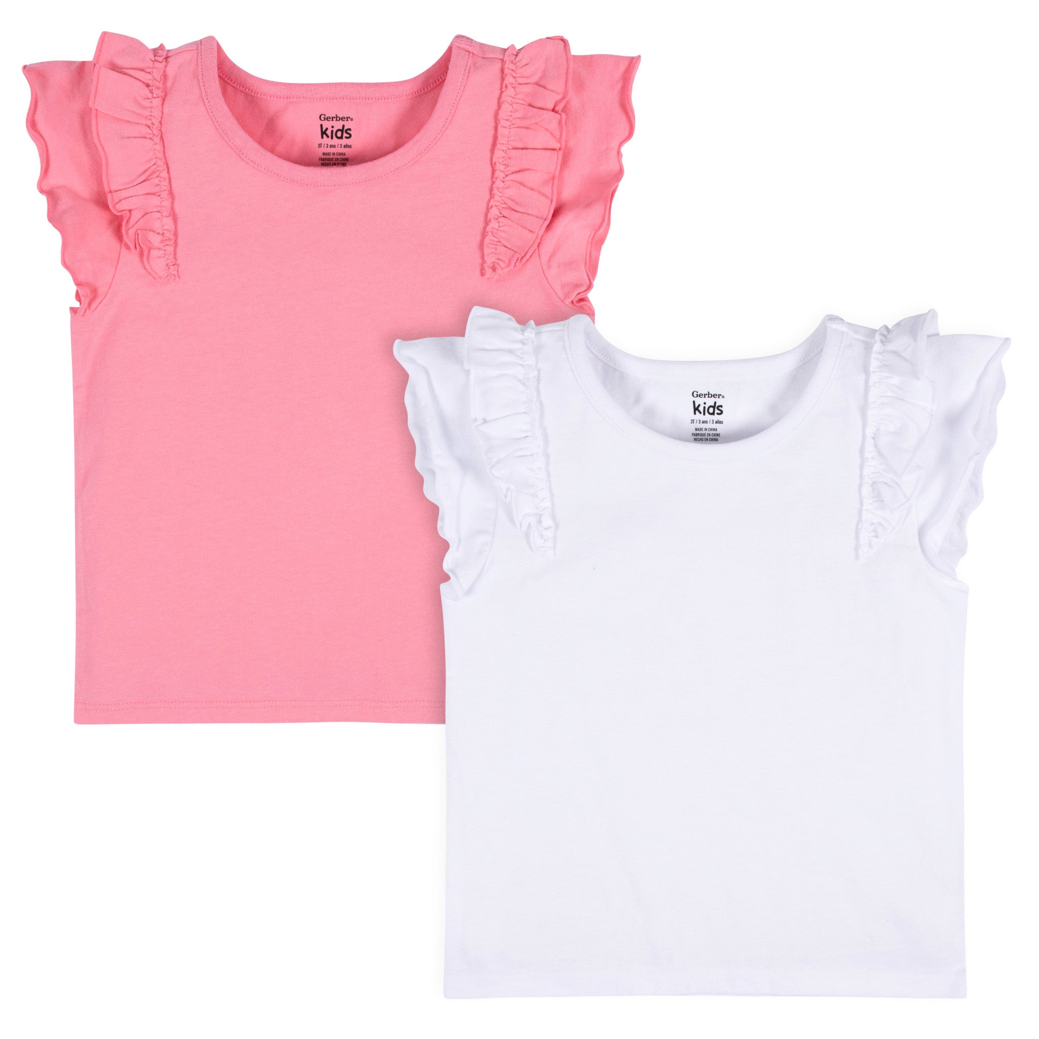 CASE of : 2-Pack Infant & Toddler Girls White/Pink Double Ruffle Tops-Gerber Childrenswear Wholesale