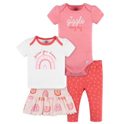 CASE of : 4-Piece Baby Girls Rainbows Onesies® Bodysuit, Tee, Skort & Pant Set-Gerber Childrenswear Wholesale