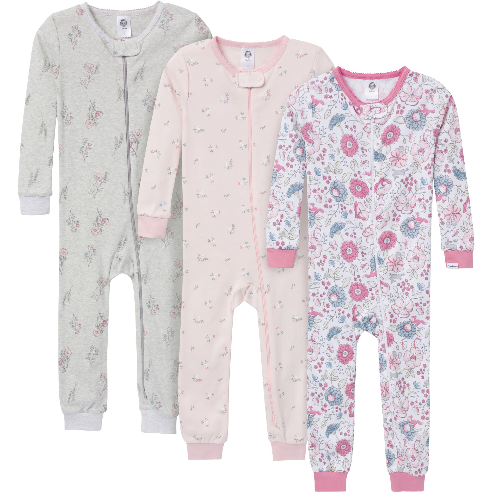 3-Pack Baby & Toddler Girls Woodland Floral Snug-Fitting Footless Pajamas-Gerber Childrenswear Wholesale