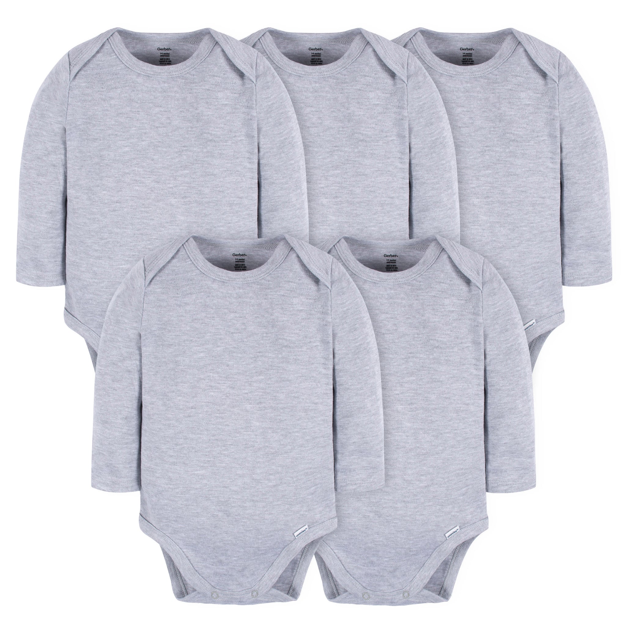 5-Pack Baby Grey Heather Premium Long Sleeve Lap Shoulder Onesies® Bodysuits-Gerber Childrenswear Wholesale