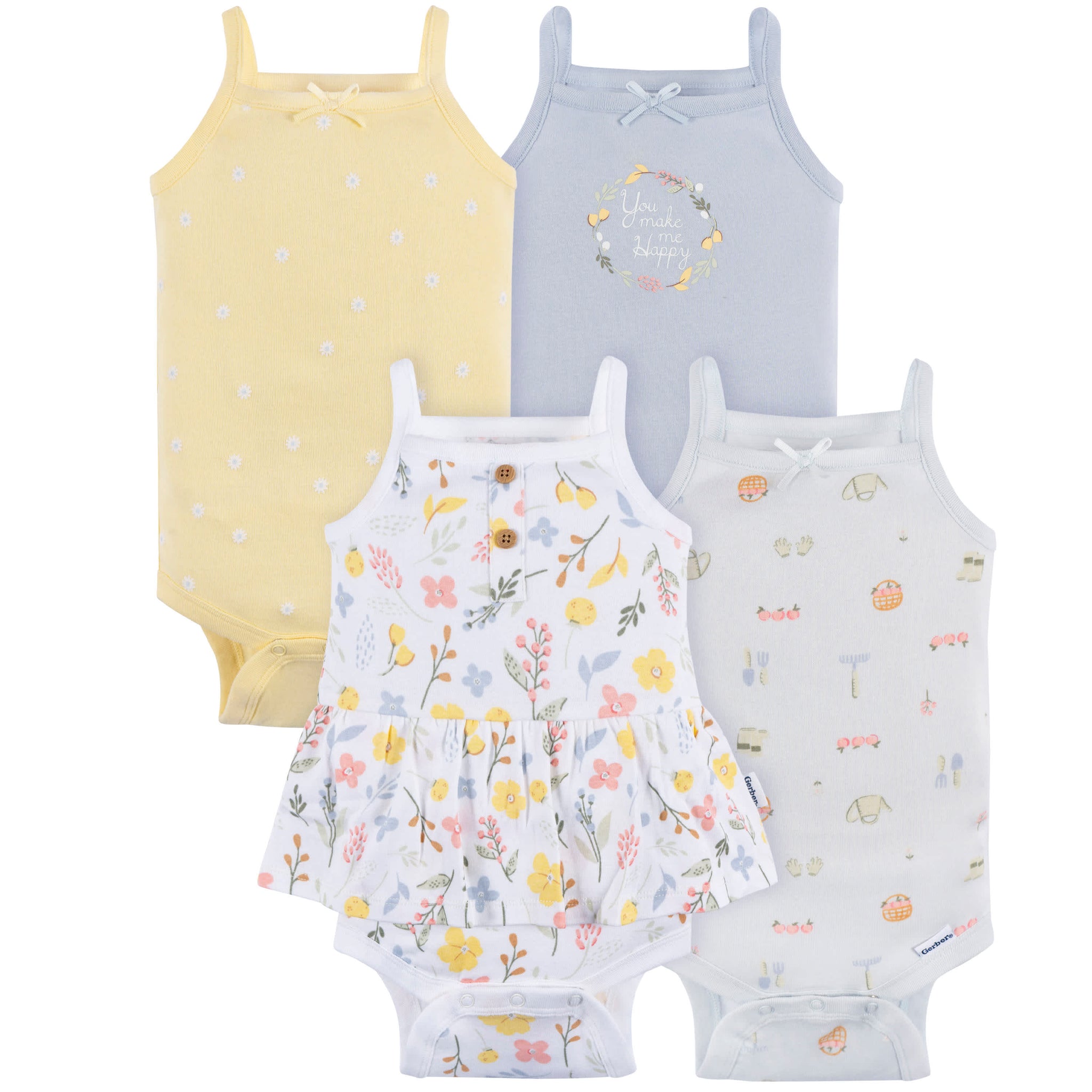 4-Pack Baby Girls White Floral Sleeveless Onesies® Bodysuits-Gerber Childrenswear Wholesale