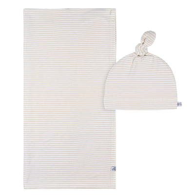 2-Piece Baby Neutral Tan Stripe Swaddle Blanket & Hat Set-Gerber Childrenswear Wholesale