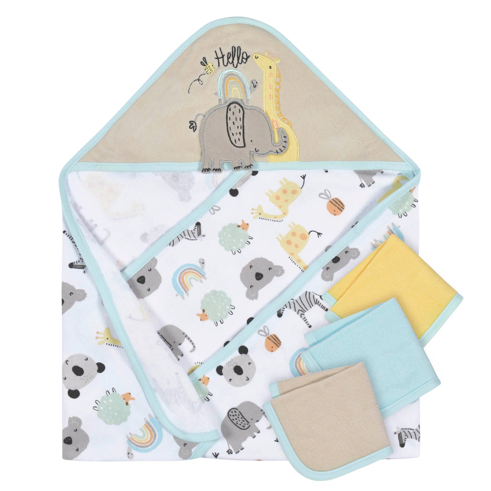4-Pack Baby Neutral Little Animals Hooded Towel and Washcloths-Gerber Childrenswear Wholesale