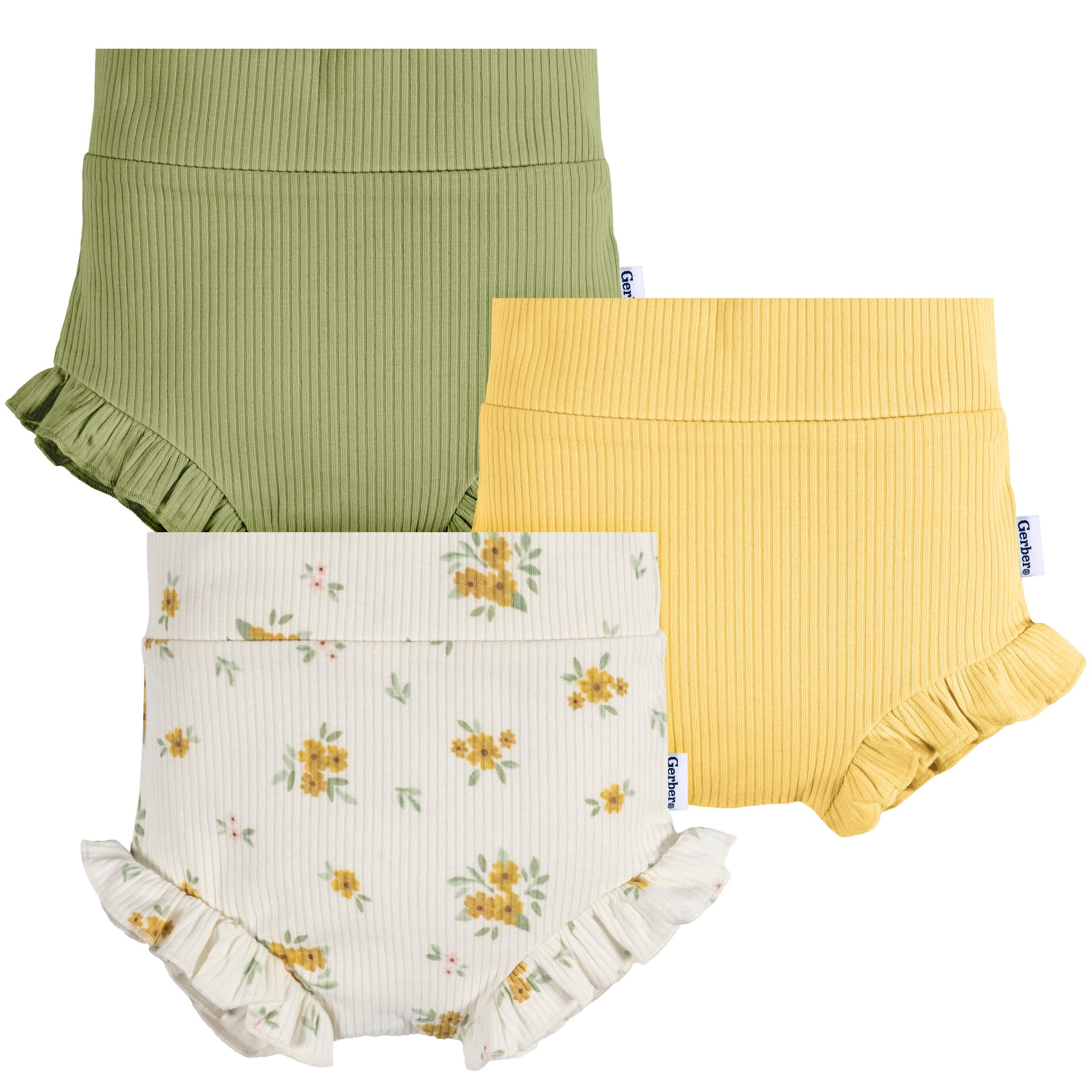 3-Pack Baby Girls Floral/Yellow/Green Bubble Short-Gerber Childrenswear Wholesale