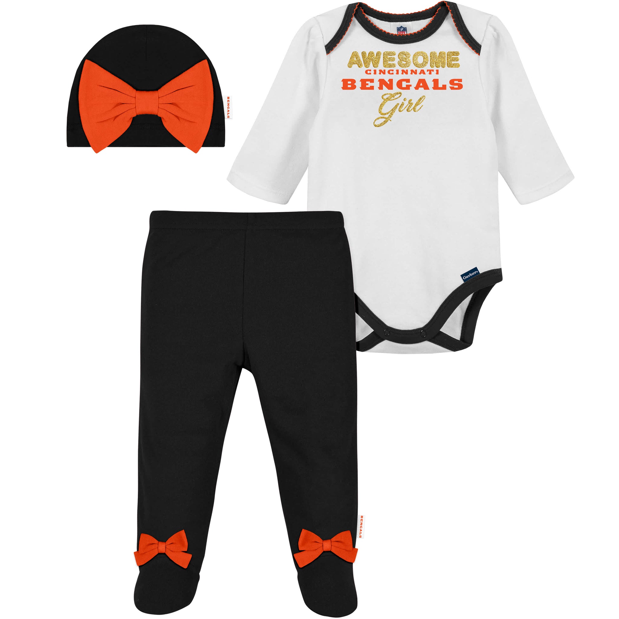 3-Piece Baby Girls Bengals Bodysuit, Footed Pant, & Cap Set-Gerber Childrenswear Wholesale