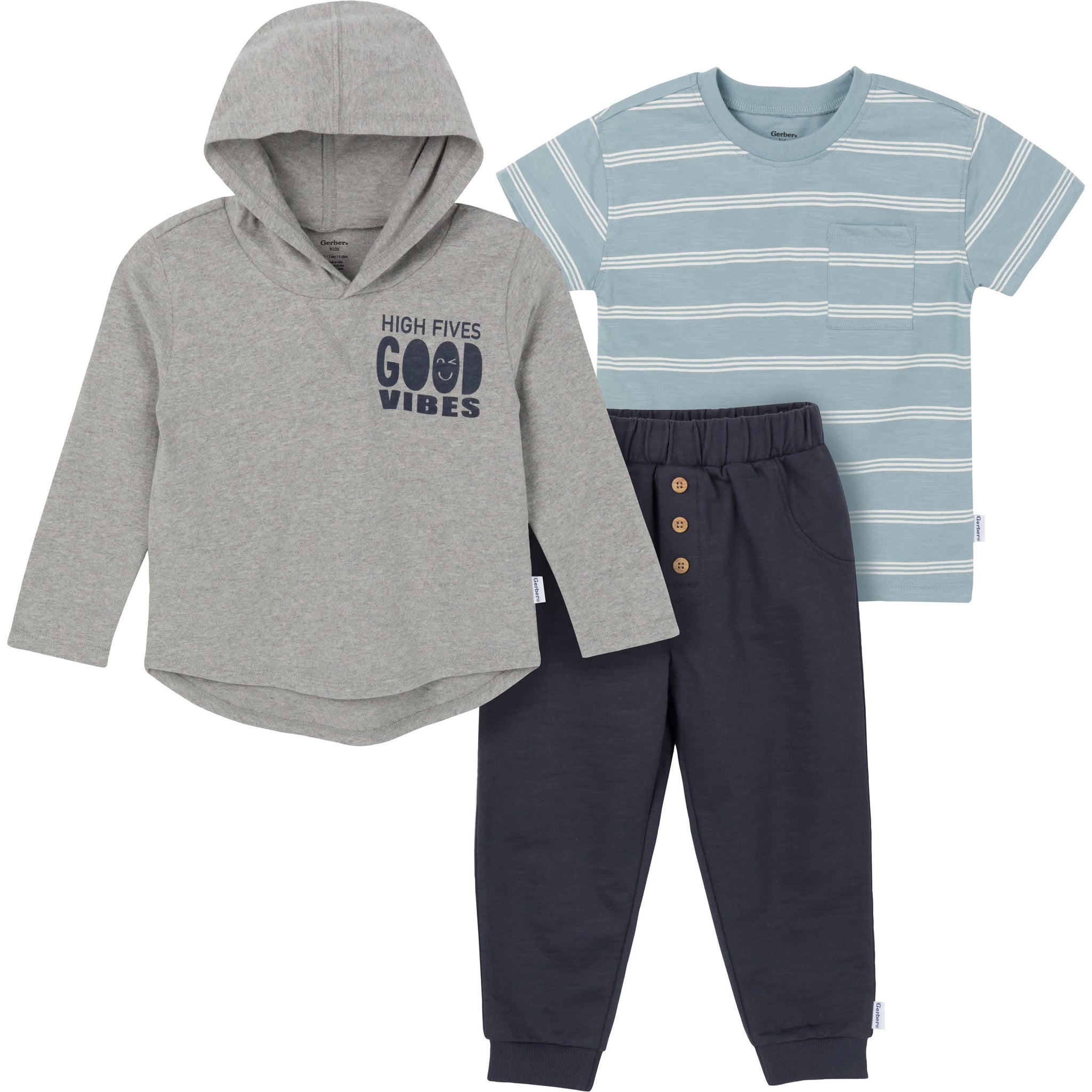 3-Piece Toddler Boys Indigo Top, Hooded Top and Jogger-Gerber Childrenswear Wholesale