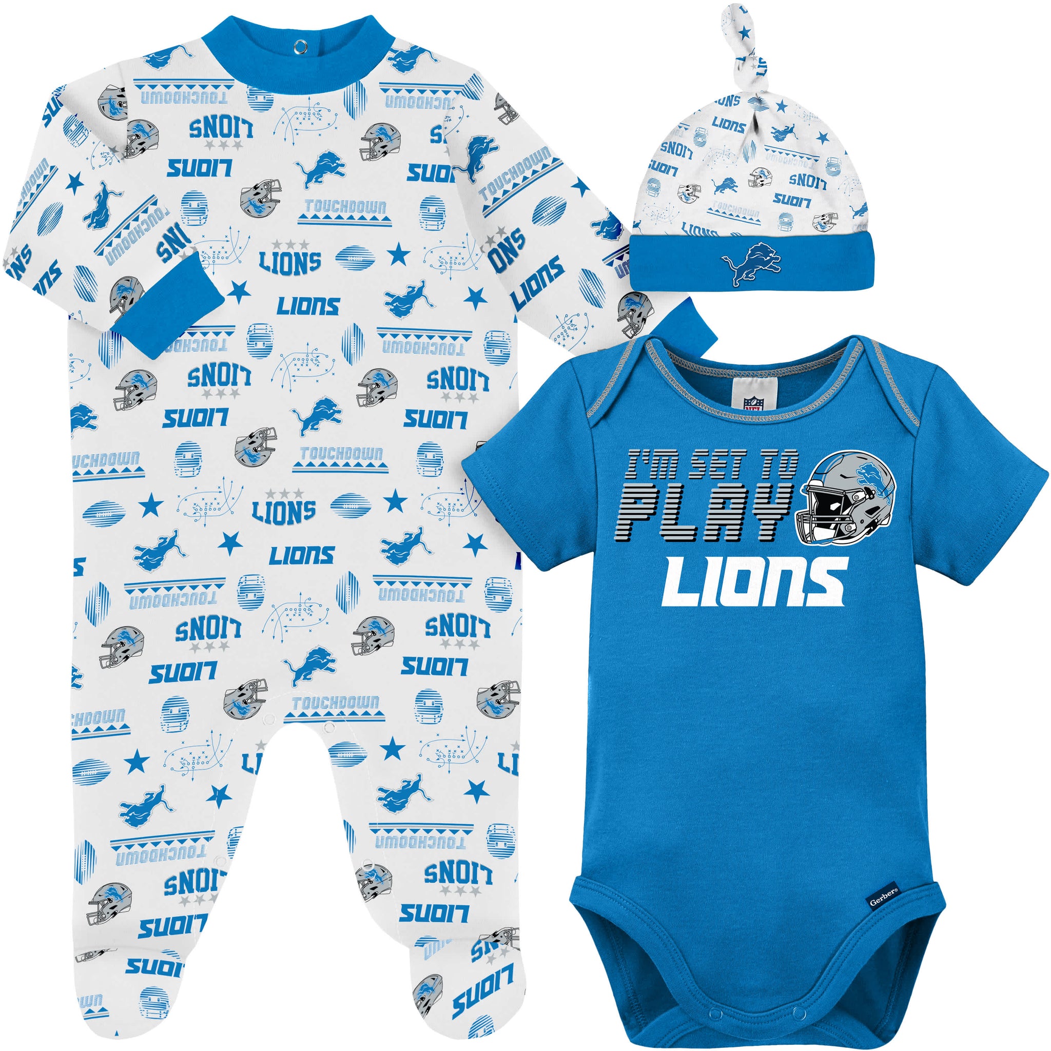 3-Piece Baby Boys Detroit Lions Bodysuit, Sleep 'N Play & Cap Set-Gerber Childrenswear Wholesale