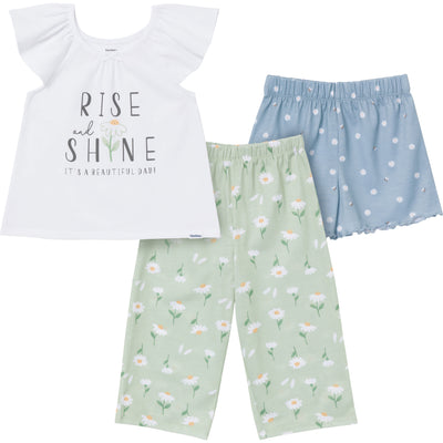 3-Piece Toddler Girls Daises T-Shirt, Shorts & Pants Pajama Set-Gerber Childrenswear Wholesale