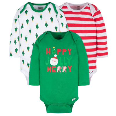 3-Pack Baby Neutral Happy Jolly Long Sleeve Onesies® Bodysuits-Gerber Childrenswear Wholesale