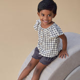 Infant & Toddler Girls Dark Grey Plaid Ruffle Sleeve Top-Gerber Childrenswear Wholesale