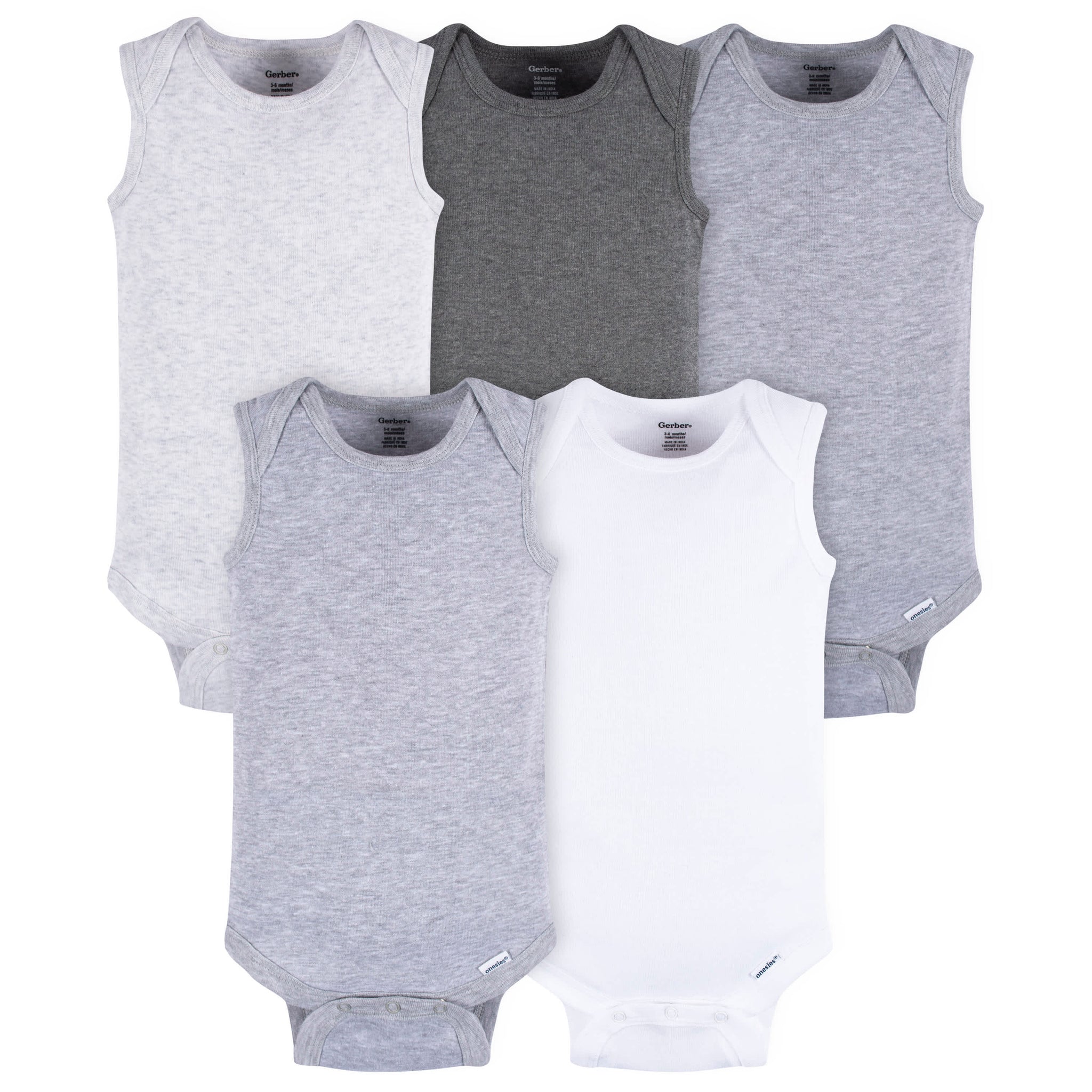 5-Pack Baby Neutral Grey Heather Sleeveless Lap Shoulder Onesies® Bodysuits-Gerber Childrenswear Wholesale