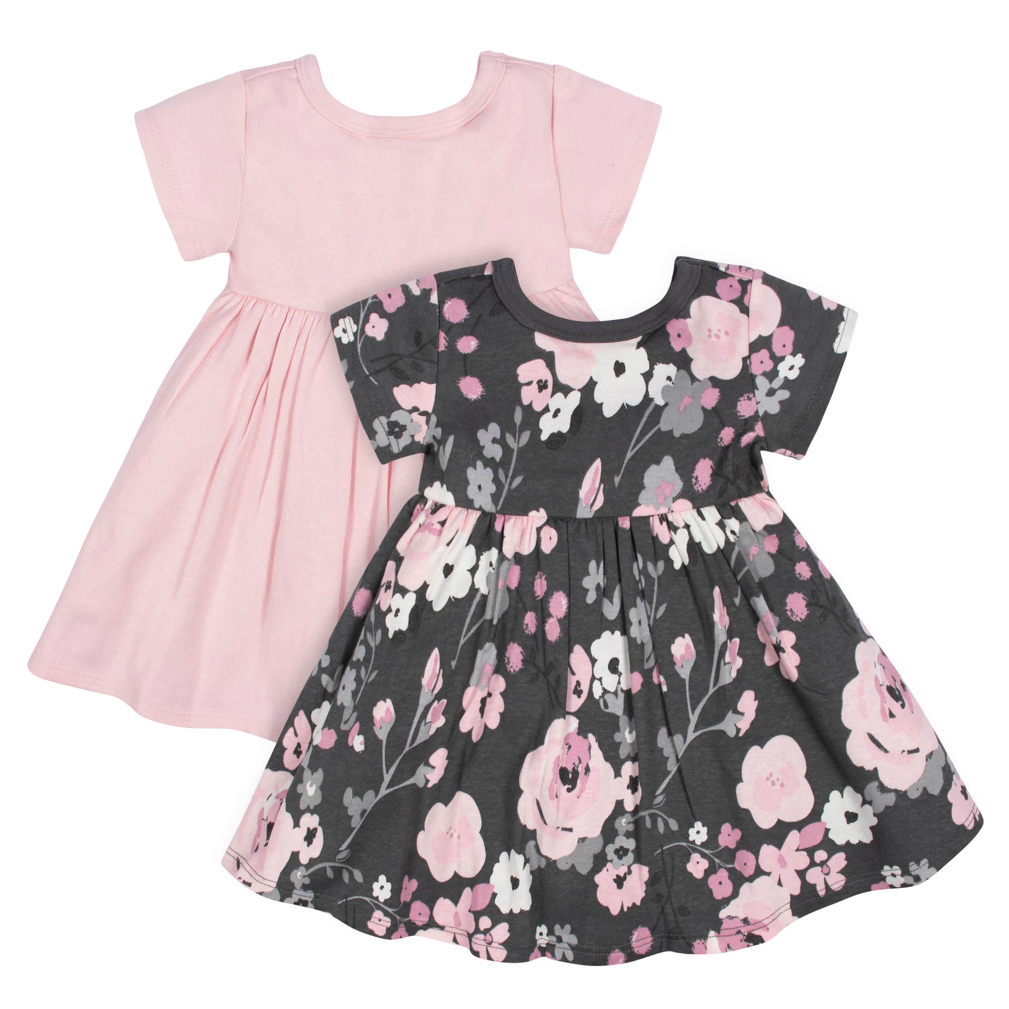 2-Pack Baby Girls Gray Floral Short Sleeve Dresses-Gerber Childrenswear Wholesale
