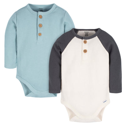 2-Pack Baby Boys Blue & Ivory Long Sleeve Henley Onesies® Bodysuits-Gerber Childrenswear Wholesale