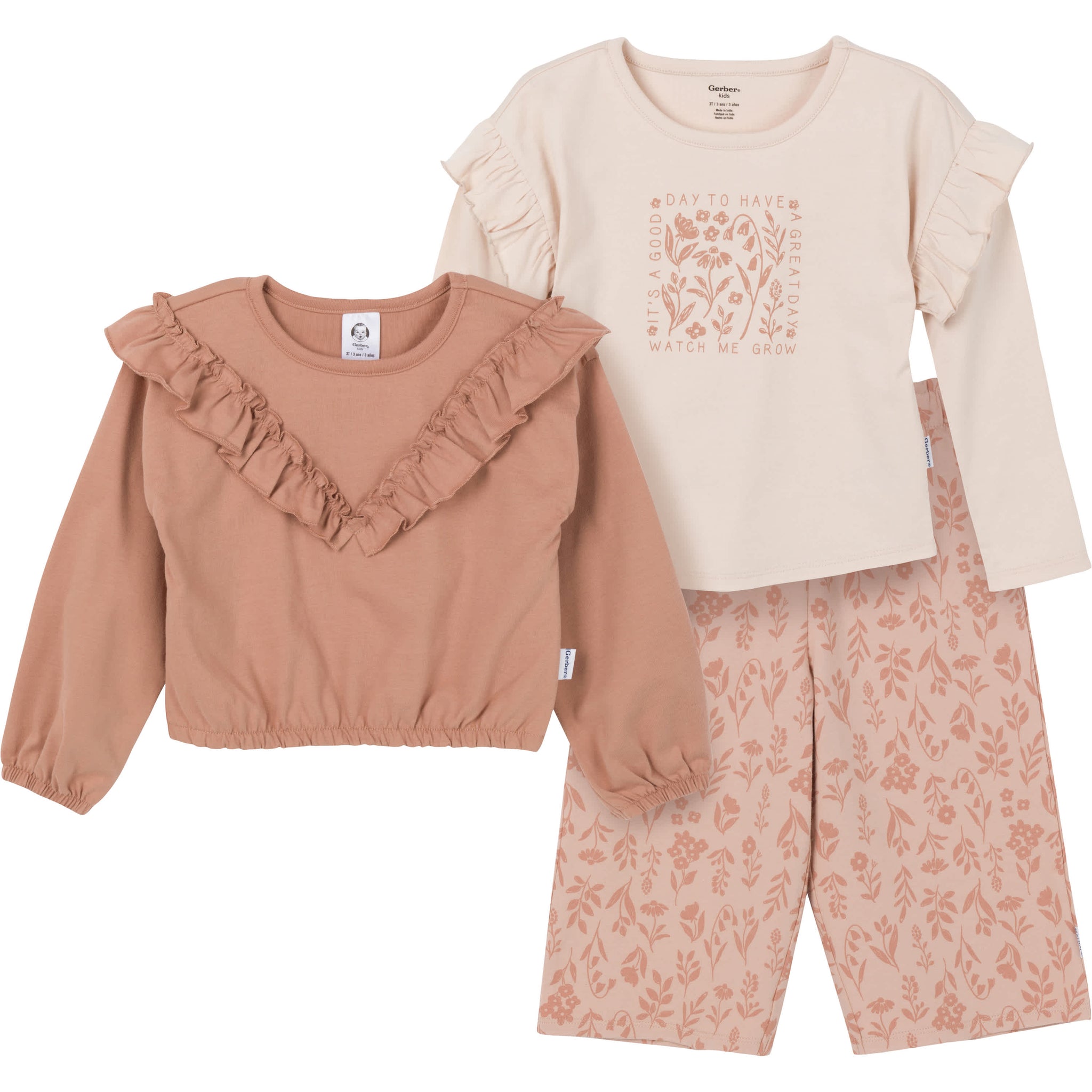 3-Piece Toddler Girls Tan Tops and Pants-Gerber Childrenswear Wholesale