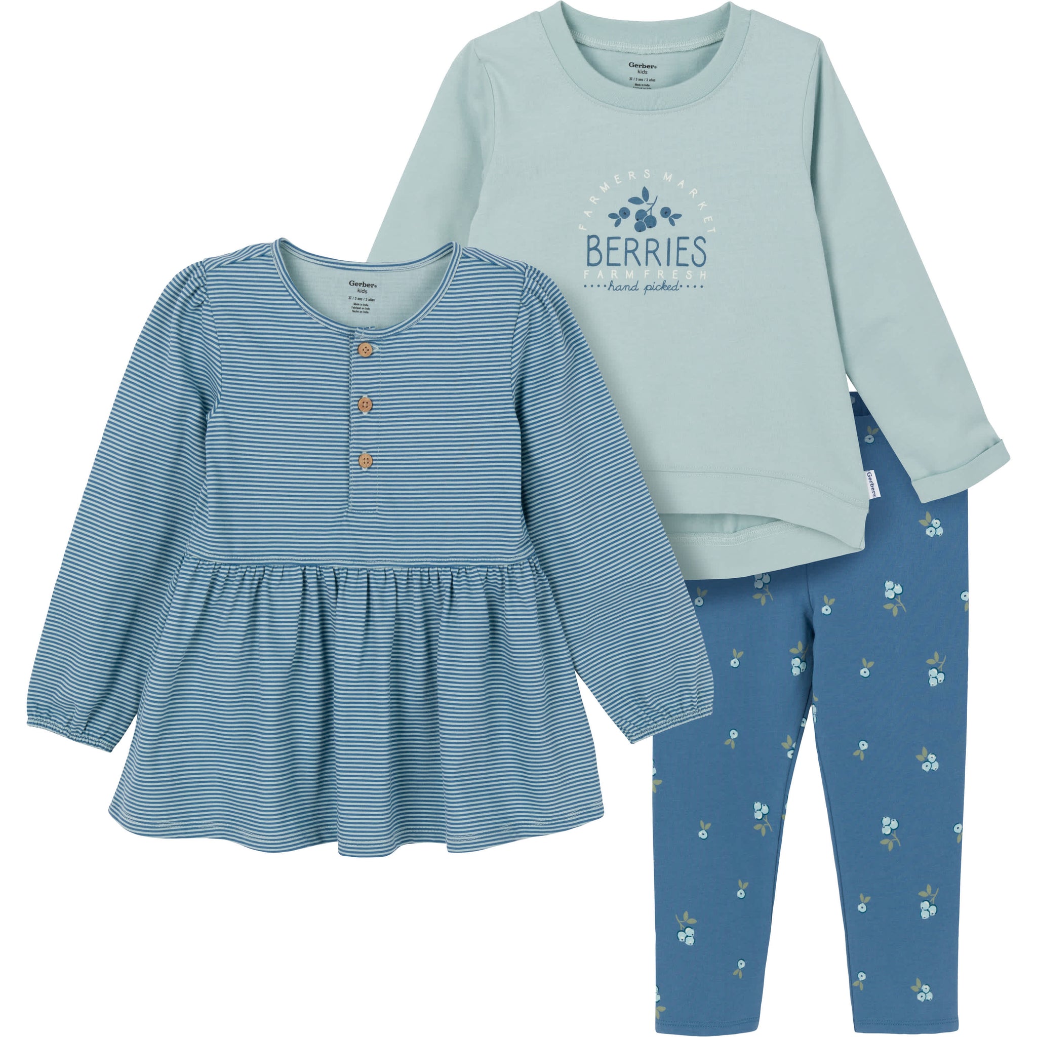 3-Piece Toddler Girls Blue Tunics and Leggings-Gerber Childrenswear Wholesale