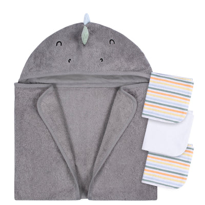 4-Piece Baby Boys Charcoal Dino Towel & Washcloths-Gerber Childrenswear Wholesale