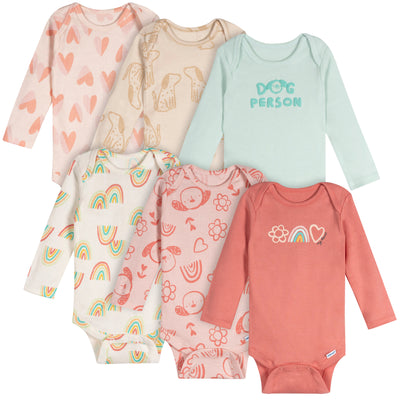 6-Pack Baby Girls Puppies Long Sleeve Onesies® Bodysuits-Gerber Childrenswear Wholesale