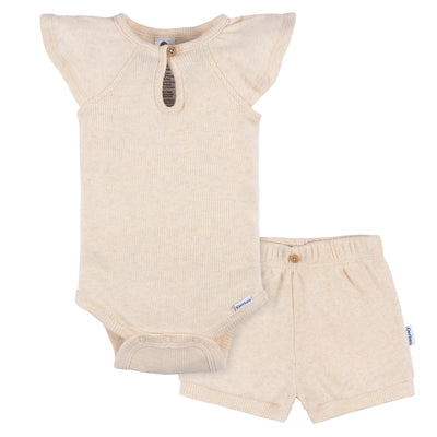 2-Pack Baby Girls Light Oatmeal Heather Bodysuit and Shorts Set-Gerber Childrenswear Wholesale