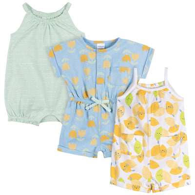 3-Pack Baby Girls Lemons Rompers-Gerber Childrenswear Wholesale