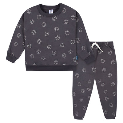 2-Piece Infant and Toddler Boys Charcoal Smiley Sweatshirt & Pant Set-Gerber Childrenswear Wholesale