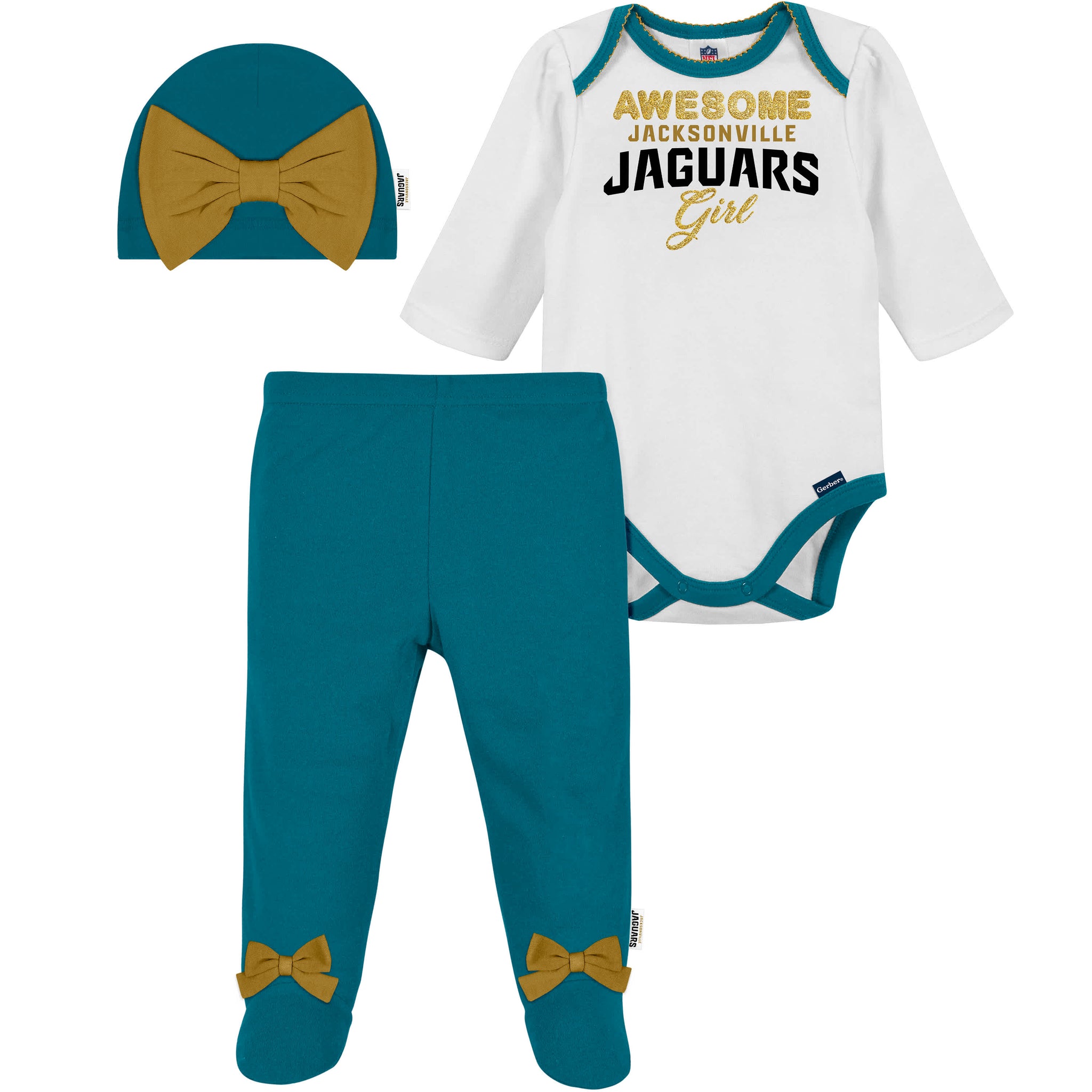 3-Piece Baby Girls Jaguars Bodysuit, Footed Pant, & Cap Set-Gerber Childrenswear Wholesale