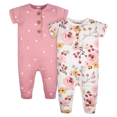 2-Pack Baby Girls Floral & Dots Short Sleeve Rompers-Gerber Childrenswear Wholesale