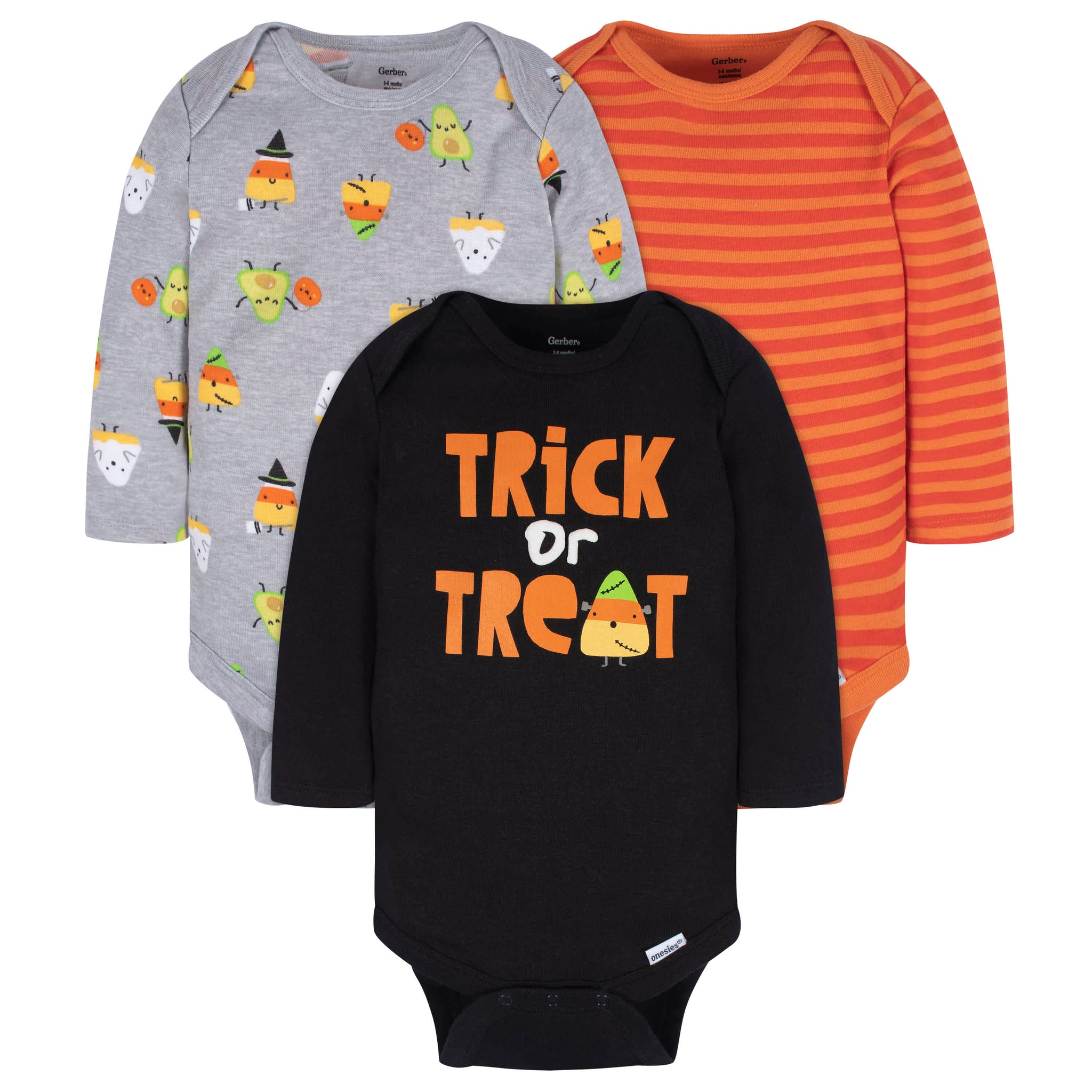 3-Pack Baby Neutral Trick Or Treat Long Sleeve Onesies® Bodysuits-Gerber Childrenswear Wholesale
