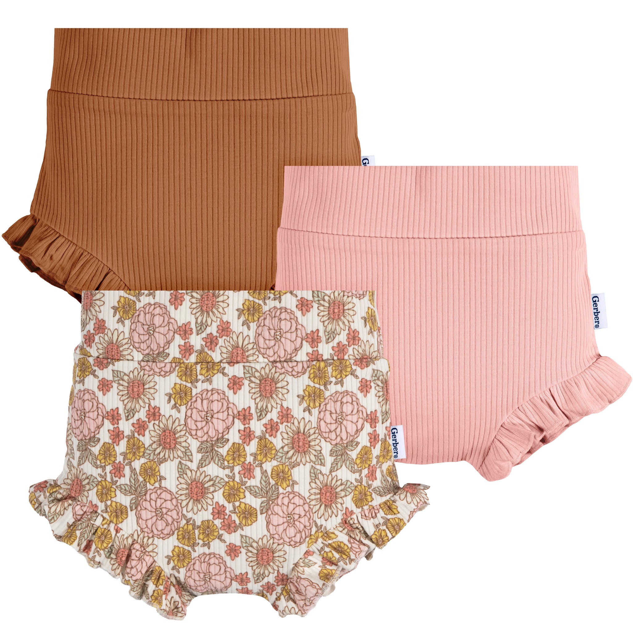 3-Pack Baby Girls Garden/Pink/Brown Bubble Short-Gerber Childrenswear Wholesale