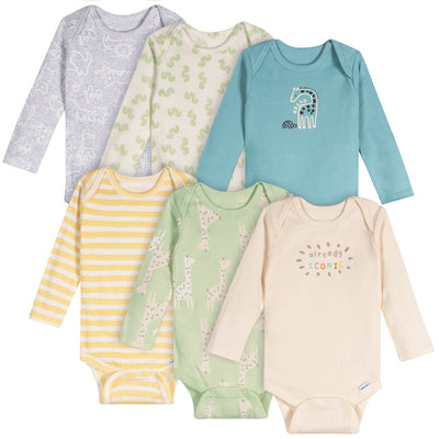 6-Pack Baby Neutral Giraffes Long Sleeve Onesies® Bodysuits-Gerber Childrenswear Wholesale