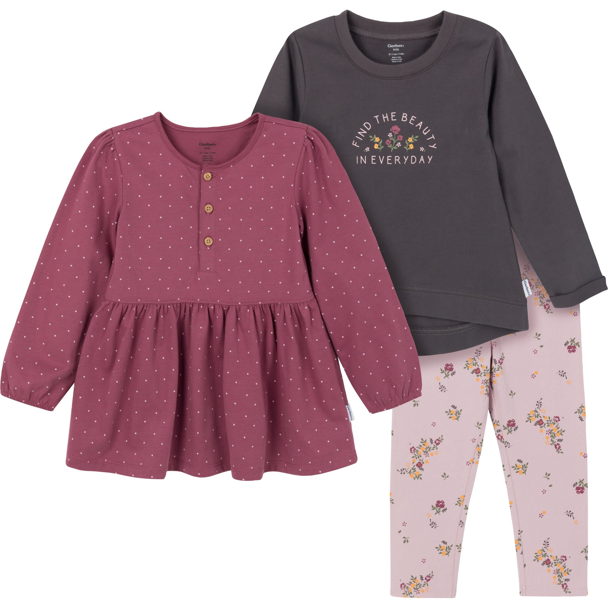 3-Piece Toddler Girls Brown/Violet Tunics and Leggings-Gerber Childrenswear Wholesale