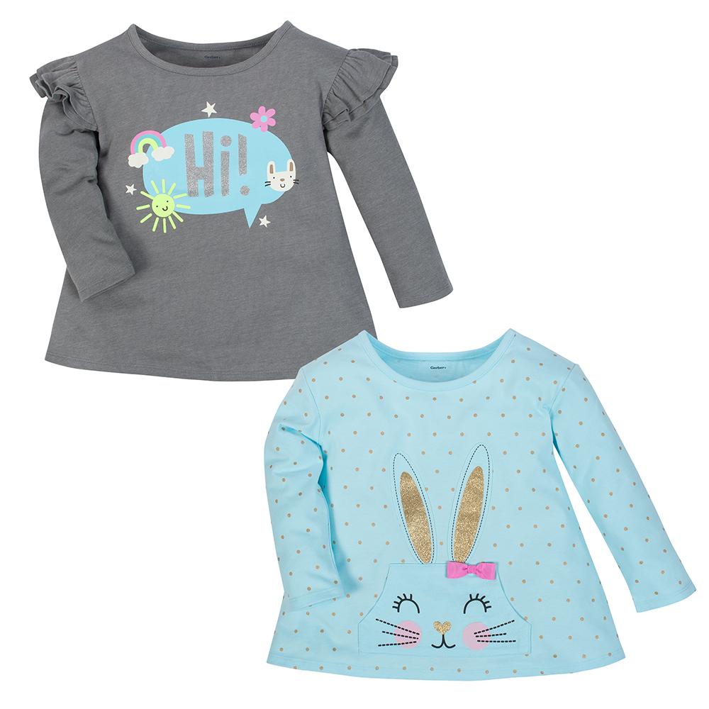 Girl Bunny and Dark Gray Heather Long Sleeve Tops-Gerber Childrenswear Wholesale