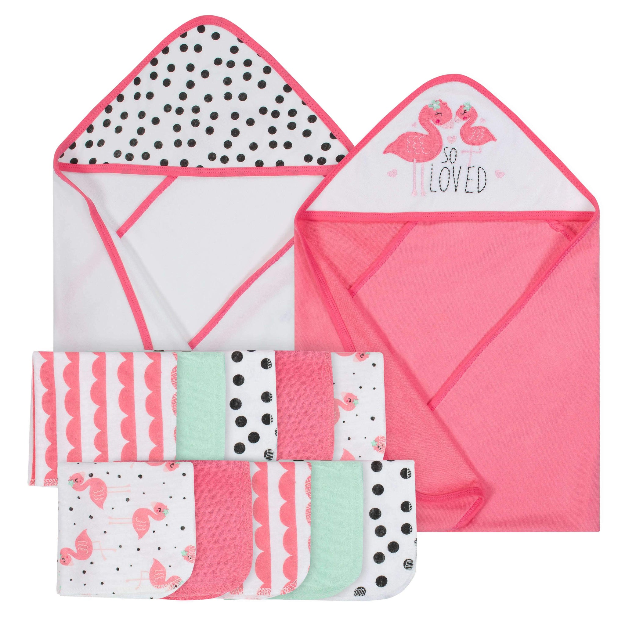 12-Piece Girls Terry Hooded Towel and Washcloth Set - Flamingo-Gerber Childrenswear Wholesale