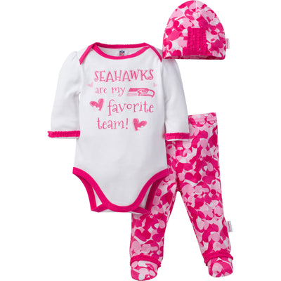 Seattle Seahawks Baby Girls 3 Piece Bodysuit, Footed Pant and Cap Set-Gerber Childrenswear Wholesale