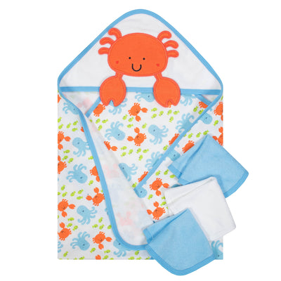 4-Piece Baby Boys' Crab Terry Hooded Bath Wrap & Washcloths Set-Gerber Childrenswear Wholesale