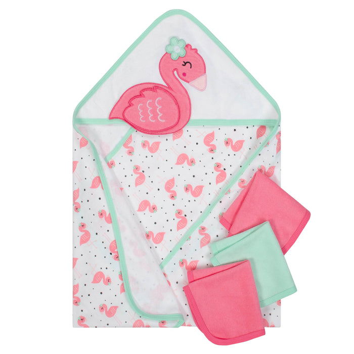4-Piece Baby Girls' Flamingo Terry Hooded Bath Wrap & Washcloths Set-Gerber Childrenswear Wholesale