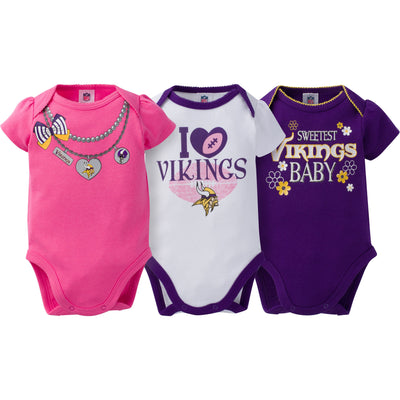 Minnesota Vikings 3-Pack Infant Girl Short Sleeve Bodysuits-Gerber Childrenswear Wholesale