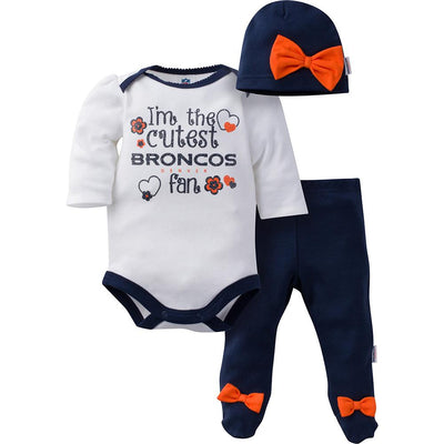 Broncos Baby Girls Bodysuit, Pant and Cap Set-Gerber Childrenswear Wholesale