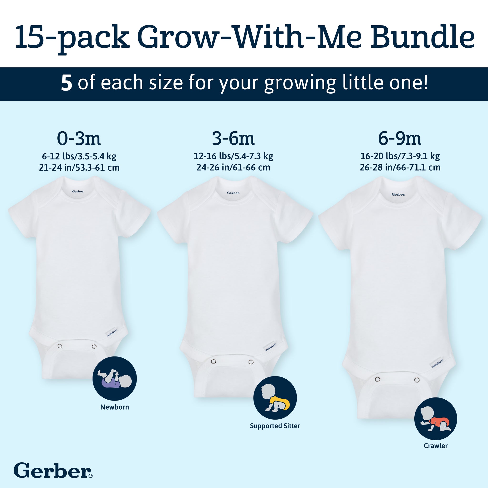 15-Pack Solid Blue Grow-With-Me Onesies® Bodysuits-Gerber Childrenswear Wholesale