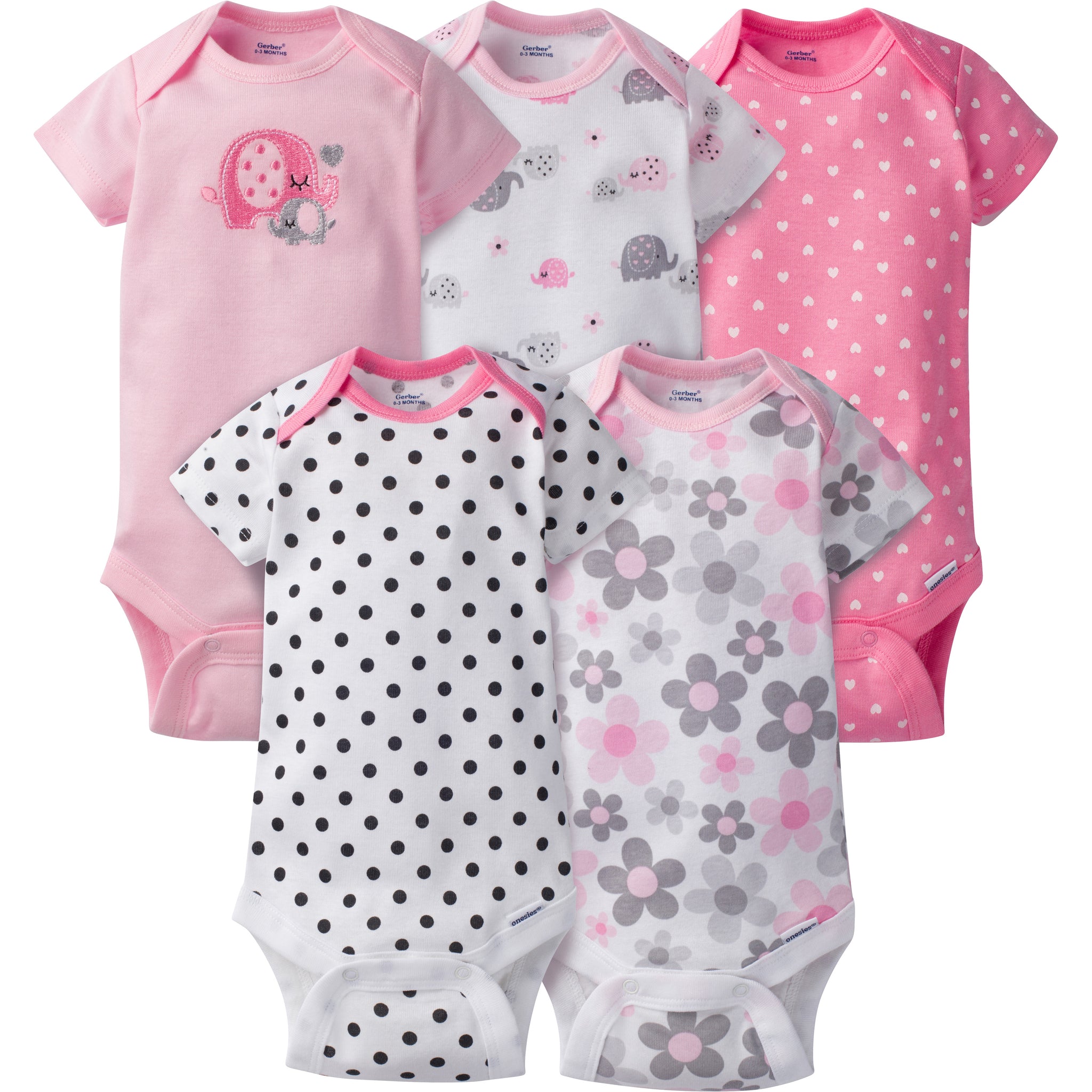 5-Pack Baby Girls Elephant Short Sleeve Onesies® Bodysuits-Gerber Childrenswear Wholesale